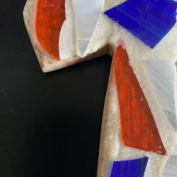 Mosaic Tile On Wood Cross Religious Wall Art Cream Orange & Blue 8”x5”x1” - Picture 8 of 12